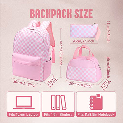 UREYMX Checkered Backpack - School Backpack for Kids, Large Capacity, Waterproof, Lightweight, Black - color: 3 in 1 Pink and White Plaid