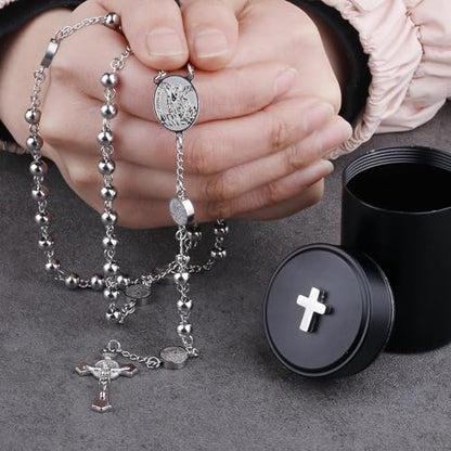 HanlinCC Catholic Rosary Necklace Stainless Steel Prayer Bead with Gift Box - color: Silver St.Michael