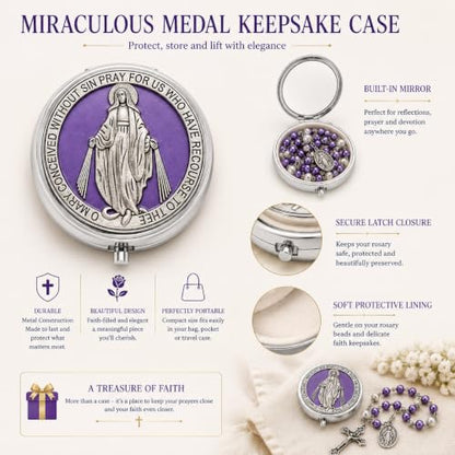 Catholic Pearl Cross Rosary Necklace — Ideal for Baptism, Prayer, Devotion — 6mm Glass Beads & 8mm Our Father Beads w/Caps, Miraculous Jewelry Box – Perfect Religious Gift for Women, Men - color: Purple