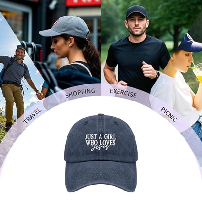JUSTS A Girls WHO Loves Jesus Hats for Women Aesthetic Washed Distressed - color: Navy Blue