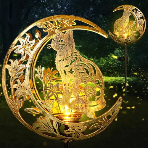 Solar Lights Outdoor Decor Cracked Glass Cat Stake Moon Lights Cat Gift - color: Cat & Flower