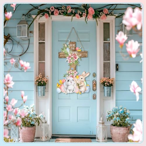 Menkxi Easter Door Sign He is Risen Hanging Decor Religious Cross Sign Easter Bunny Wreaths for Front Door Outside Christian Rabbit Hanging Hanger for Farmhouse Front Porch Wall Decor, 23 X14.6 Inch - style: Bunny