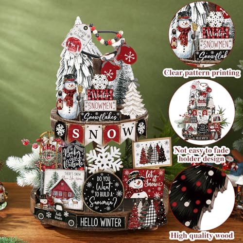 Vercraft Christmas Tiered Tray Decor Xmas Wooden Table Decor, Buffalo - style: Winter Buffalo Plaid