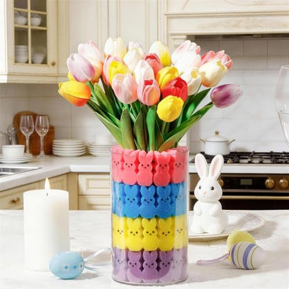 ALFEVA Easter Decorations-Vase in Vase 15pcs Artificial Tulips and 56 Peeps Bunnies Filler, Easter Vase Set Ready to Display，Spring Decorations for Home Table - size: 4.7"/2.7" Vase with 15 Tulips & Bunny