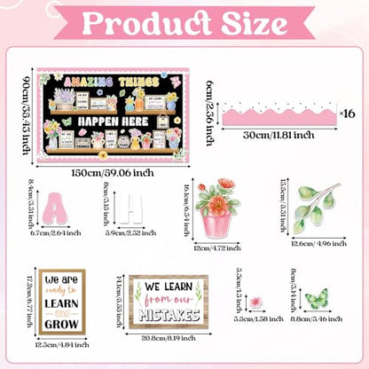 74pcs Back to School Bookshelf Bulletin Board Decorations Amazing Things Happen Here Paper Cutouts Floral Cards Motivational Cutout Classroom Decor for Classroom School Offices Chalkboard Wall Decor - style: Spring Floral