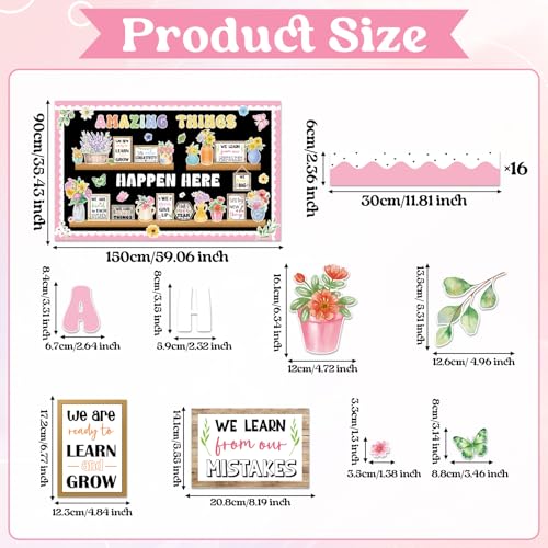 74pcs Back to School Bookshelf Bulletin Board Decorations Amazing Things Happen Here Paper Cutouts Floral Cards Motivational Cutout Classroom Decor for Classroom School Offices Chalkboard Wall Decor - style: Spring Floral