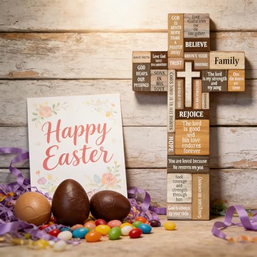 VGE Wooden Cross Wall Decor, 11.8x7.8 Inch Farmhouse Christian Cross for Home Church Office, Rustic Faith Hope Love Wall Art, Easy Self-Adhesive Mount Religious Baptism Confirmation Housewarming Gift