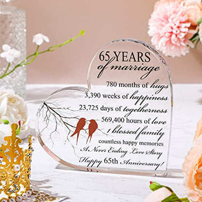 Qunclay 65th Years of Marriage Gift Wedding Anniversary Souvenir Heart Marriage Keepsake Decoration Present for Couple Parent Women Mom Husband Wife He She Friend Grandparents - style: 65th
