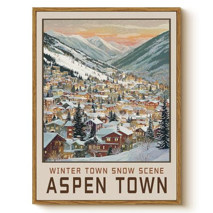 WHASAYART Winter Aspen Town Snow Scene Art Framed Canvas Christmas Wall Art - color: Aspen Town