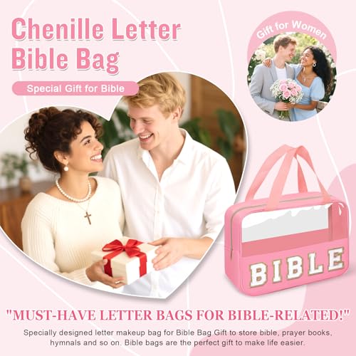 Chenille Letter Bible Bag Cover Case for Women,Preppy Bible Study Supplies Church Bag Purse Bible Accessories with Handle Zipper,Waterpoof Travel Makeup Bag Christmas Christian Gifts(BIBLE-Pink) - color: BIBLE-Pink