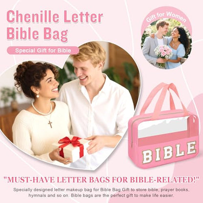 Chenille Letter Bible Bag Cover Case for Women,Preppy Bible Study Supplies Church Bag Purse Bible Accessories with Handle Zipper,Waterpoof Travel Makeup Bag Christmas Christian Gifts(BIBLE-Pink) - color: BIBLE-Pink