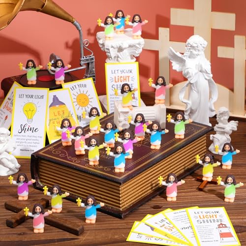 CroBlissful 30 Sets Mini Jesus Figurines Bulk Christian Glow in The Dark with Let Your Light Shine Cards for Christian Sunday School Religious Party Favor Halloween(Hold up the Cross) - style: Hold up the Cross