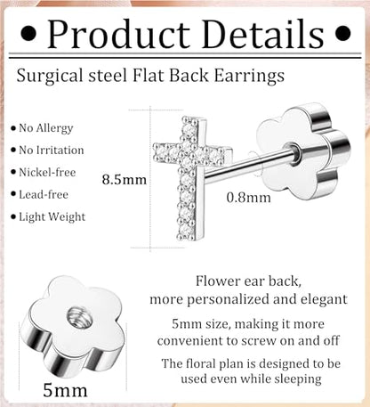 14K Gold Plated Small Stud Earrings for Girls Women Hypoallergenic Surgical Steel Cartilage Flat Back Stud Earrings CZ Cross Dot Bar Heart Handmade Screw Back Earrings Studs - color: Silver, style: Cross