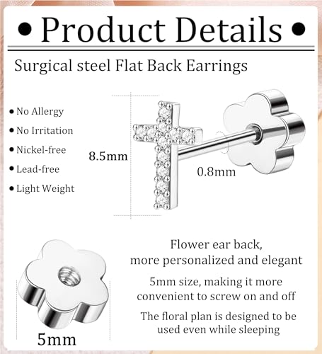 14K Gold Plated Small Stud Earrings for Girls Women Hypoallergenic Surgical Steel Cartilage Flat Back Stud Earrings CZ Cross Dot Bar Heart Handmade Screw Back Earrings Studs - color: Silver, style: Cross
