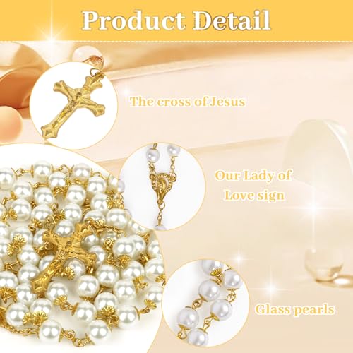 Rosary Necklace for Women, Cross Jewelry Pearl White Rosary for Women Men, Wedding Small First Holy Communion Gifts Rosarios Catolicos Rosary Beads, Pearl Necklace Catholic Chain for Mother