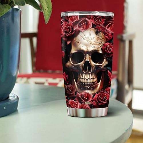 Personalized Rose And Skull Tumbler Gifts for Women Travel Cup Coffee Mug Insulated Stainless Steel 20oz With Lid Water Bottle Gift for Mom Wife Daughter Girls - color: SKULL ROSE