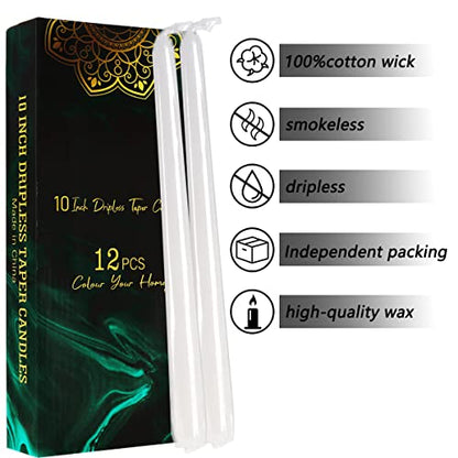 Dripless Taper Candles - Unscented White Candles Bulk - Candle Sticks Long Burning 7.5-8 Hours - for Candlesticks, Dinner Table, Vigil, Advent, Christmas, Thanksgiving, Kwanzaa - 12 Pack,10 Inch Tall - color: 10"12pcs-White