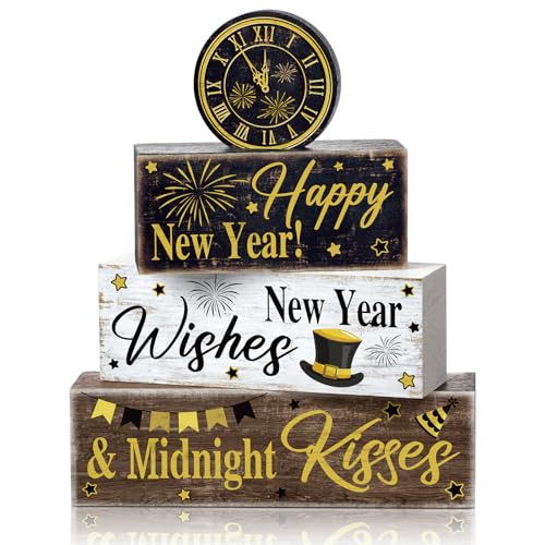 Moucuny 4 Pcs New Year Table Decorations, Happy New Year Wood Block Sign - style: Clock