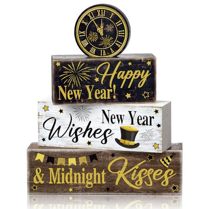 Moucuny 4 Pcs New Year Table Decorations, Happy New Year Wood Block Sign - style: Clock