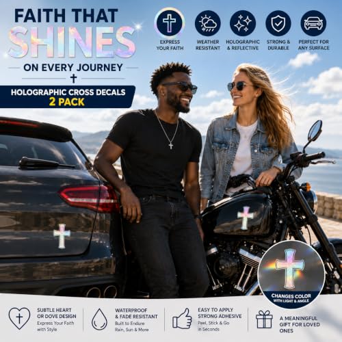 Christian Holographic Cross Car Decal, Prism Heart, 2 Pack - color: Prism Heart - 2 Pack