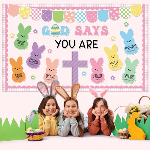 Easter Christian Bulletin Board Decorations God Says You are Religious Classroom Paper Cutouts Inspirational Cross Bunny Decor for Sunday School Church Classroom Chalkboard Wall Decor Teacher Supplies - style: God says you are