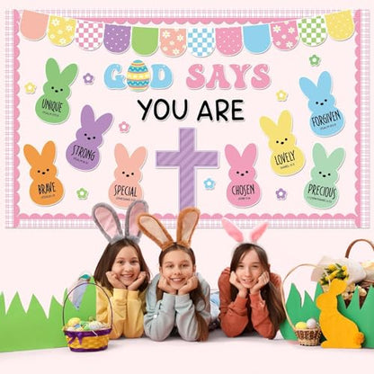 Easter Christian Bulletin Board Decorations God Says You are Religious Classroom Paper Cutouts Inspirational Cross Bunny Decor for Sunday School Church Classroom Chalkboard Wall Decor Teacher Supplies - style: God says you are