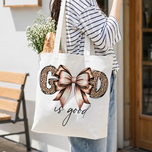 Coquette Bow Leopard Print Christian Canvas Tote Bag for Women, Cheetah Print God Is Good Bible Verse Reusable Shoulder Bag for Work Beach Travel and Shopping Grocery