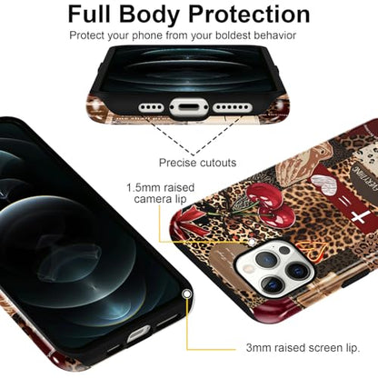 for iPhone 12 Pro Max 6.7'' Brown Cheetah Christian Phone Case - color: Red Cherry Leopard Collage, size: iPhone 12 Pro Max