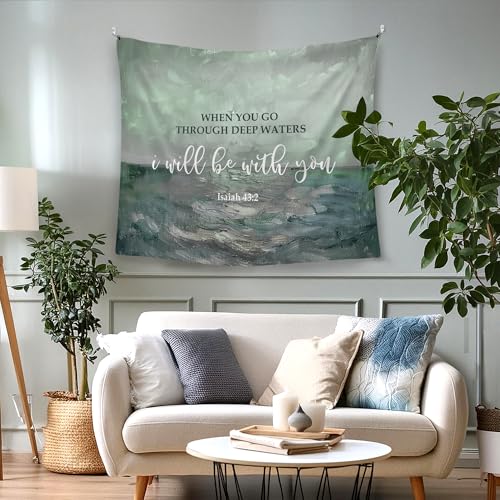 WAITPI Vintage Christian Bible Verse Quotes Hanging Wall Tapestry for Bedroom, Religious When You Go Through Deep Waters Wall Hanging Room Decor Tapestry for Prayer Room Church Living Room 50x60 inch - color: waters, size: 60"L x 50"W