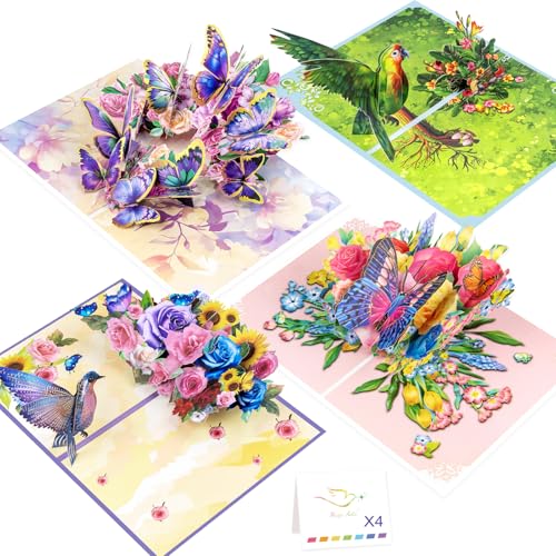 Magic Ants Pop Up Card Set for Women – 4 Pack 3D Greeting Cards with Butterflies, Flowers & Parrot – Birthday, Thank You, Get Well, Sympathy, Concelence, All Occasion – Includes 4 Envelopes & 4 Blank Notecards - color: Hummingbird Floral Butterfly Parrot