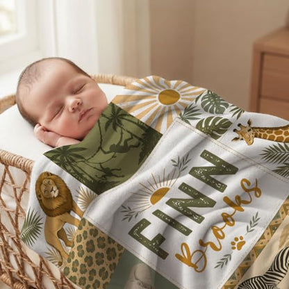Personalized Safari Animal Baby Blanket, Custom Jungle Baby Blanket - color: Green #10