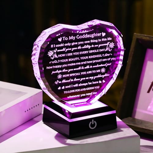 Arikyrist Goddaughter Gifts from Godmother Birthday Gift for Goddaughter from Godparents With LED Base Heart Crystal Keepsake Unique Goddaughters Gifts Idea on Mother's Day Christmas Graduation - color: Goddaughter Gifts + Light Base
