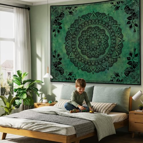 Green Boho Mandala Tapestry for Bedroom, Large Hippie Ceiling Wall Hanging - color: Green Tapestry, size: 60"L x 51"W