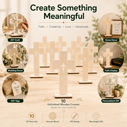 Wooden Crosses for Crafts: 10 Pack Unfinished Wood - DIY Blank Crosses with Stands Small Religious Crucifix Ornaments Catholic Baptism Centerpiece DIY Craft Supplies
