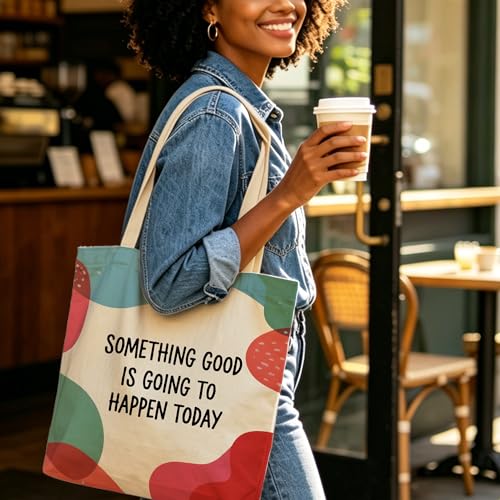 Motivation Canvas Tote Bag for Women Shopping Work Travel with Inner Pocket - color: Beige 09