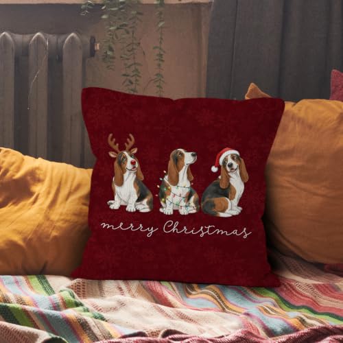 Merry Christmas Basset Hound Throw Pillow Covers 18x18 Home Decor - color: Basset