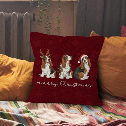 Merry Christmas Basset Hound Throw Pillow Covers 18x18 Home Decor - color: Basset