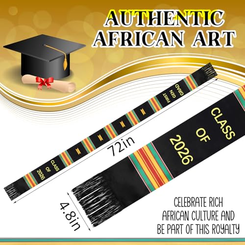 Geyoga Graduation Stole Kente Stole Black Authentic African Art 72" x 4.8" for Adult College Unisex Grads Celebrate - style: Frist Gen Grad