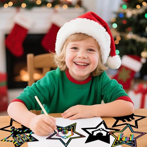 CY2SIDE 60PCS Easter Nativity Star Scratch Card Gift Set for Kid, DIY Jesus Birth Christian Scratch Paper Art for Kids School Activity, Religious Magic Art Rainbow Color Xmas Tree Hanging Ornament - style: Christmas Star