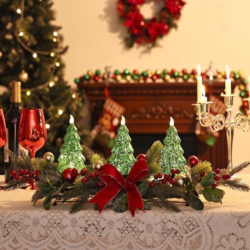 Christmas Table Centerpiece with LED Lights, Green Xmas Tree Decoration, Red Berry, Christmas Balls for Holiday Party, Home, Fireplace - color: Green Tree