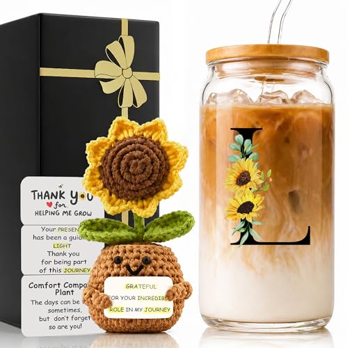 2 in 1 Personalized Glass Drinking Cup and Sunflower Emotional Support Crochet Paraprofessional Appreciation for Women Thank You Teacher Friend Coworker Gift Secretary Easter Thoughtful Inspiration L - style: Initial-L