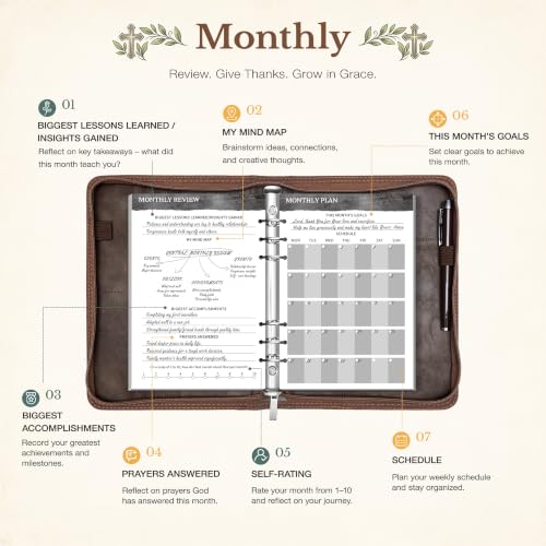Ospelelf Removable Prayer Journal with Leather Brown 6 Ring Binder 3-Month - color: brown