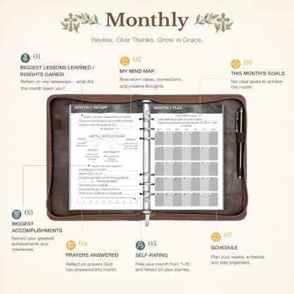 Ospelelf Removable Prayer Journal with Leather Brown 6 Ring Binder 3-Month - color: brown