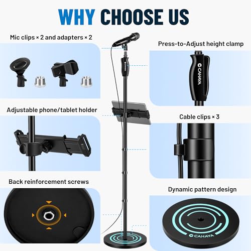 CAHAYA Microphone Stand Floor Adjustable - Mic Stand Universal with 7.12 lbs Weighted Round Metal Base Mic Stands with Phone Holder Mic Floor Stand with 2 Mic Clips and 3/8'' to 5/8'' Adapter