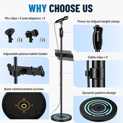 CAHAYA Microphone Stand Floor Adjustable - Mic Stand Universal with 7.12 lbs Weighted Round Metal Base Mic Stands with Phone Holder Mic Floor Stand with 2 Mic Clips and 3/8'' to 5/8'' Adapter