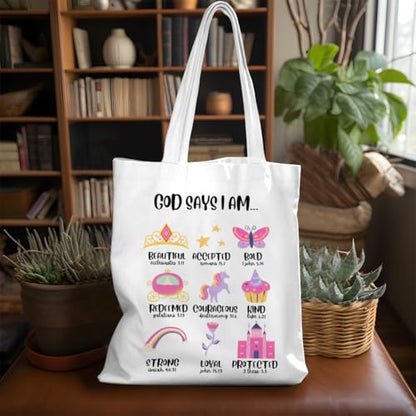 VICBOU Bible Verse Canvas Tote Bag, Inspirational Religious Christian Gifts for Women Men Canvas Tote Reusable Grocery Bags - color: Godsays04