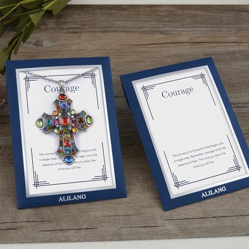 Alilang Silver Tone Stained Glass Rhinestone Patonce Cross Pendant Necklace with Religious Message Card & Envelope Christian Jewelry - style: Courage Journey
