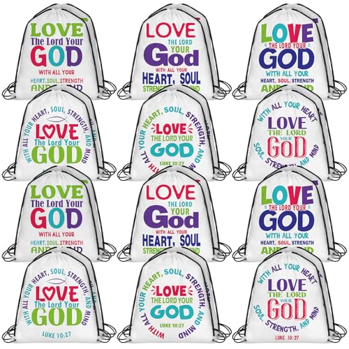 24 Pcs Christian Bags Religious Drawstring Bags Love Your God Vbs Drawstring Backpacks Bulk Large Religious Gifts for Sunday School Church Graduation Themed Party Favors - style: Love Your God