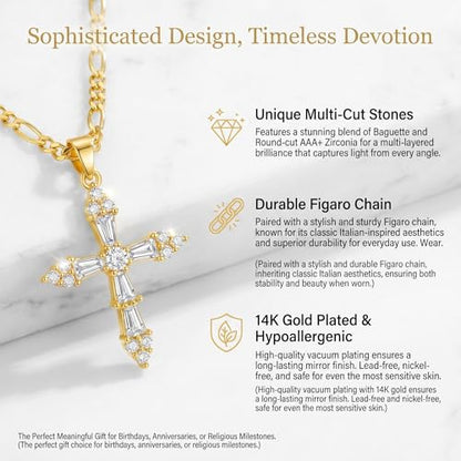 14K Gold Plated Cross Necklace for Women, Christian Jewelry - style: 4-CZ