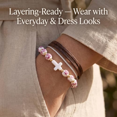 Cross Bracelet for Women - Christian Cross Beaded Bracelet Religious Jewelry for Women, Catholic Confirmation Gifts Inspirational Stretch with Charm, Meaningful Confirmation Jewelry Gifts - color: Rose Red